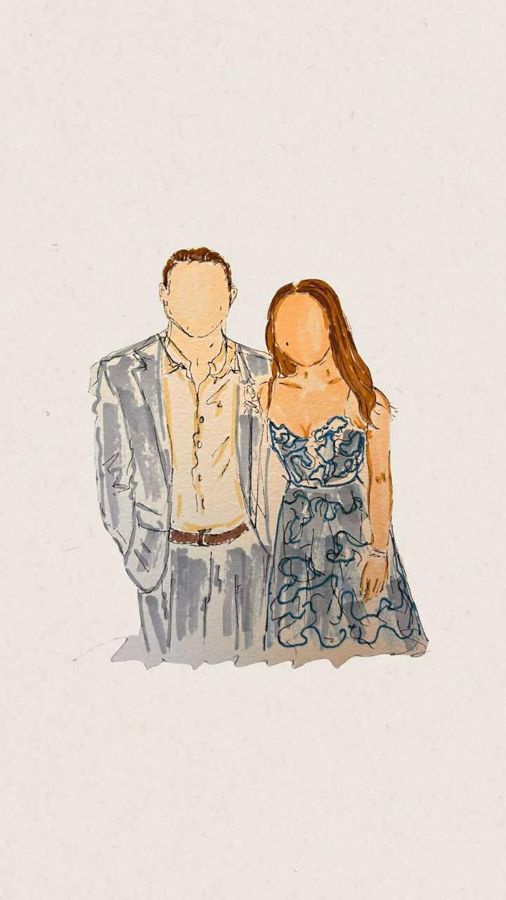 Hand-painted illustration of a couple at a wedding