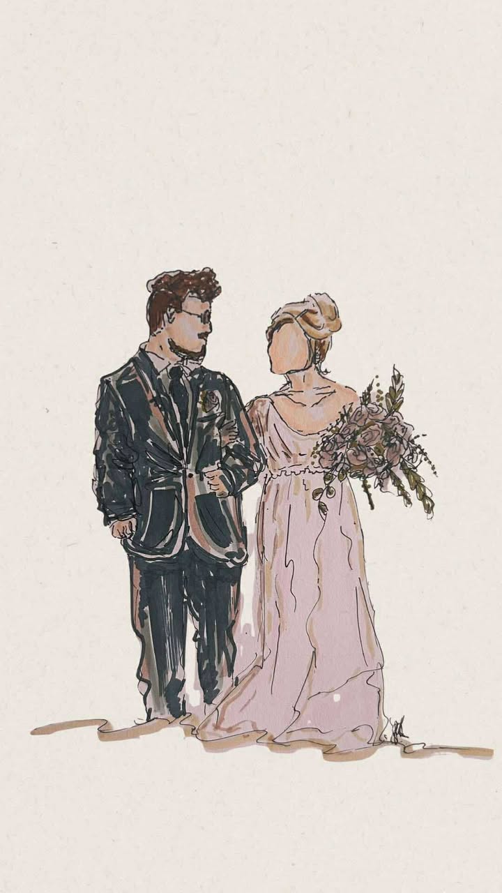 Hand-painted illustration of a bride and groom