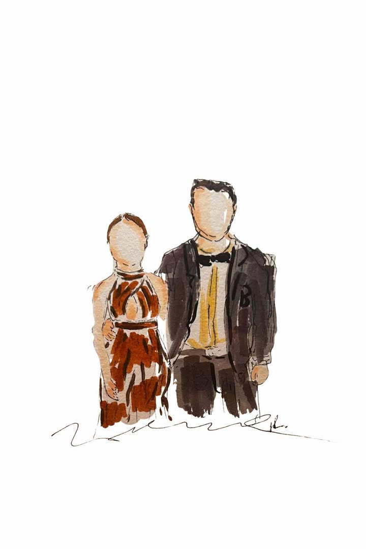 Hand-painted illustration of a couple in formal wear