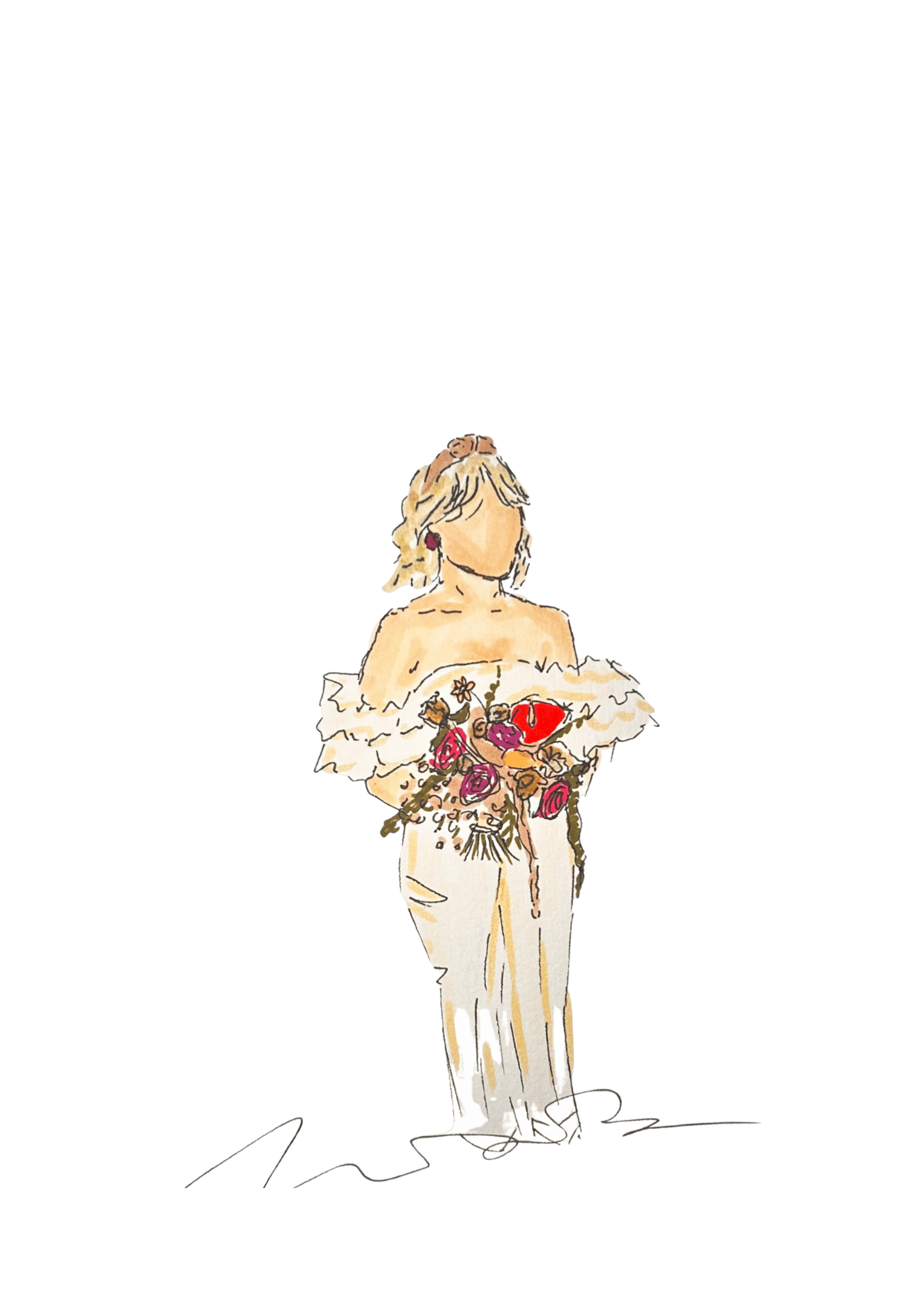 Hand-painted illustration of a bride with a floral bouquet