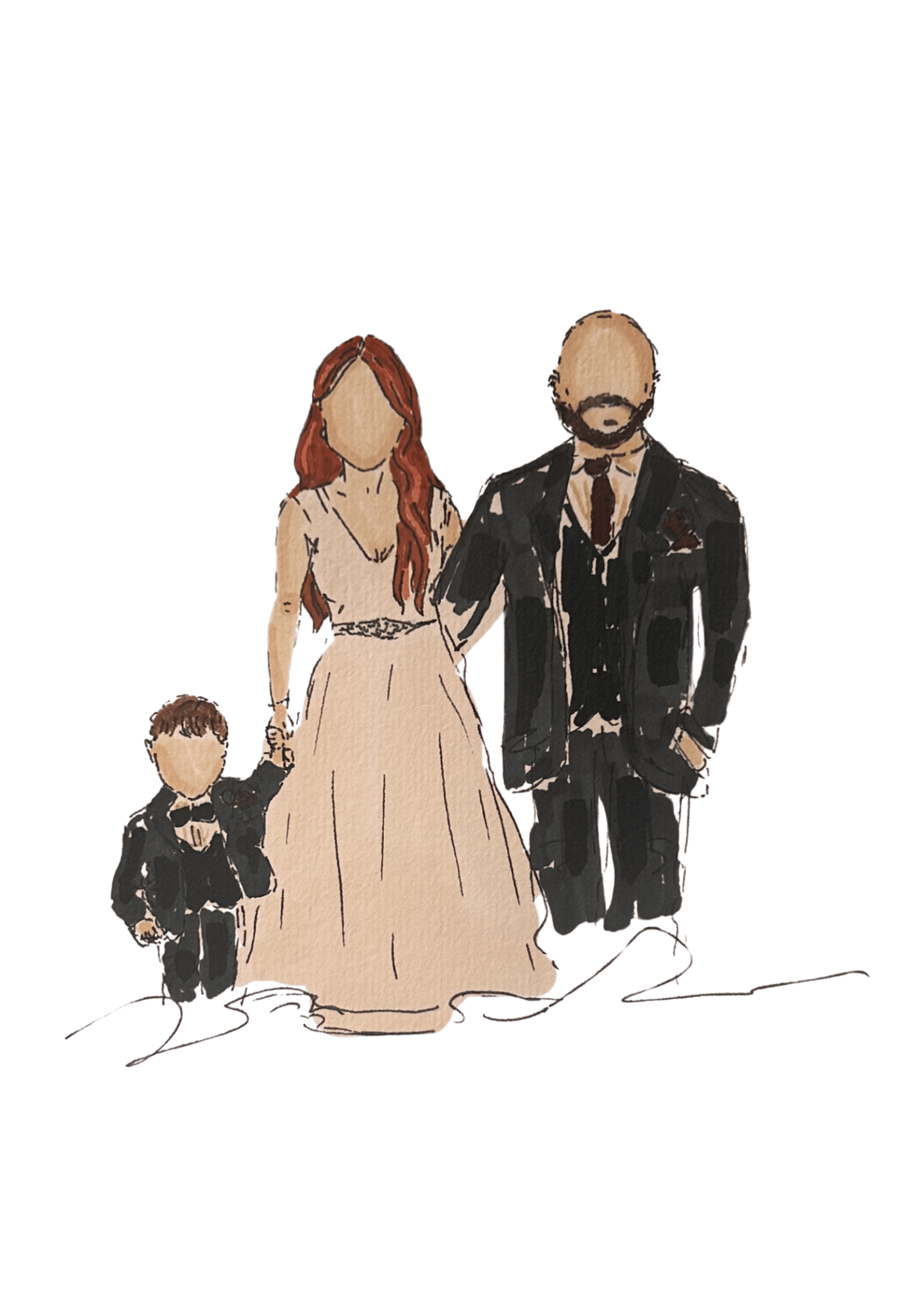 Hand-painted illustration of a bride kissing her groom while holding their child