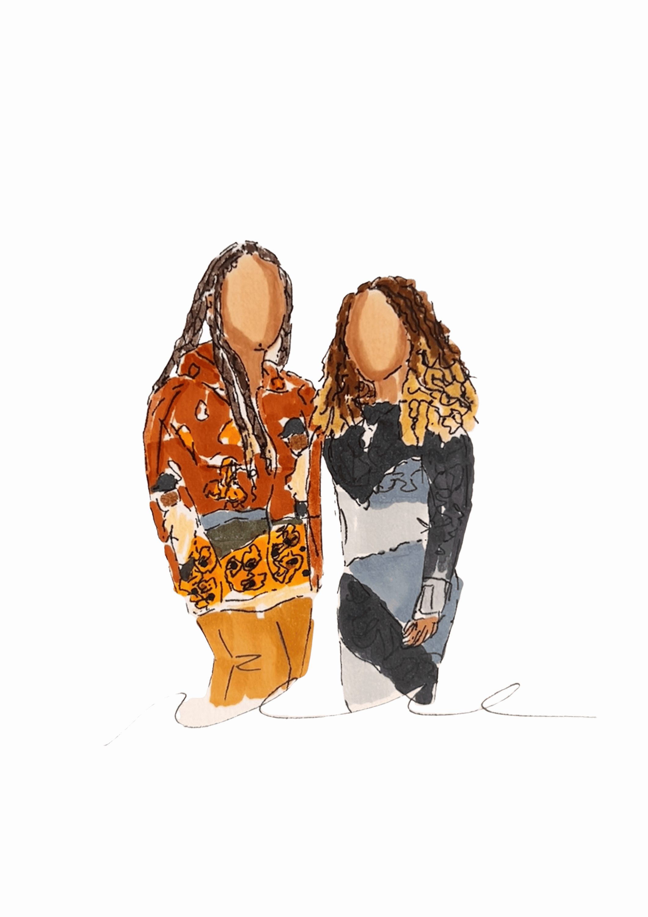 Hand-painted portrait illustration of two friends