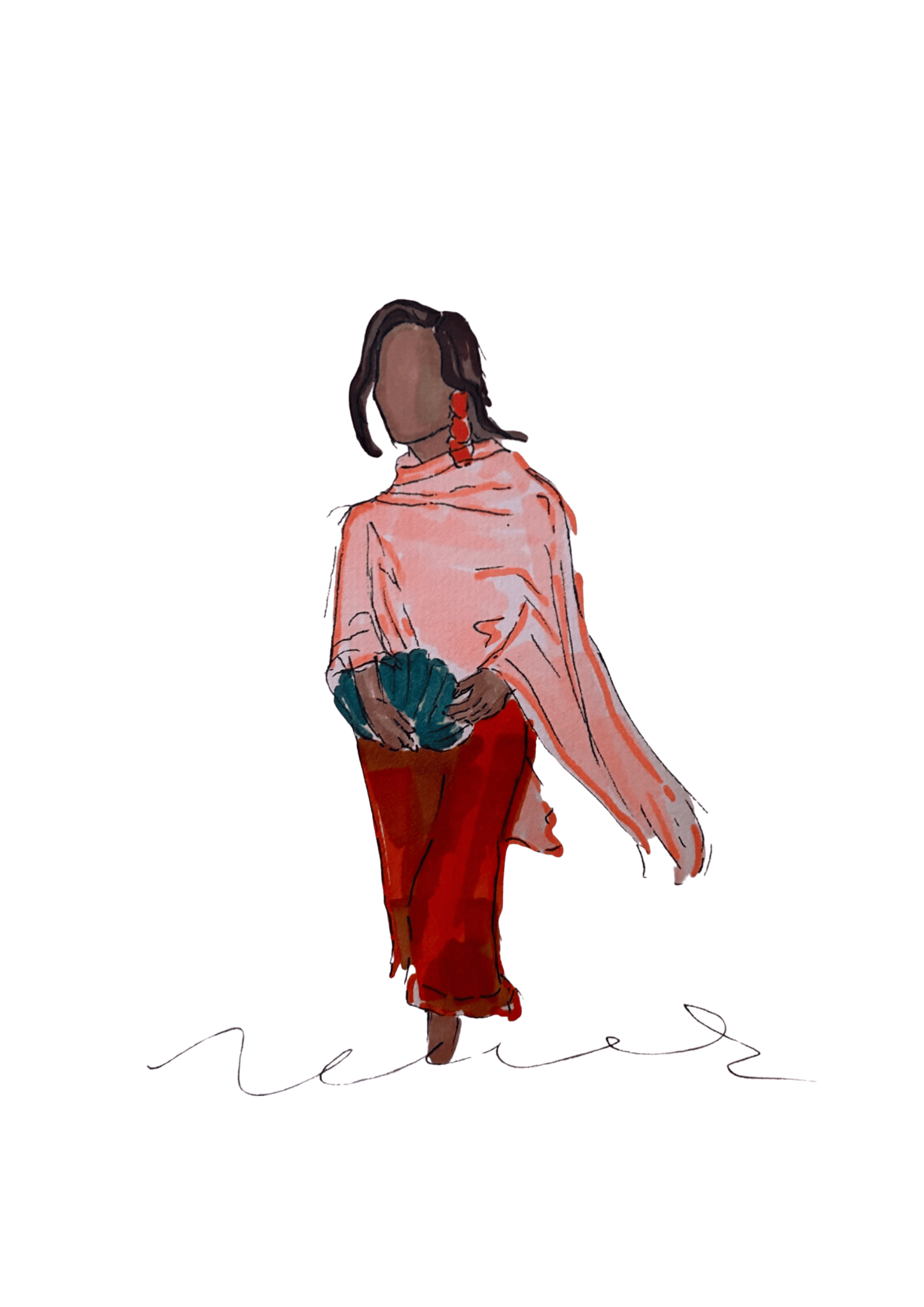 Hand-painted illustration of a woman in a pink shawl