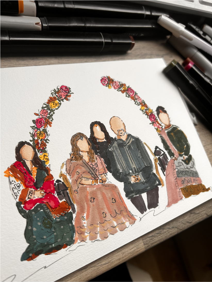 A hand-painted family portrait on an easel at a wedding