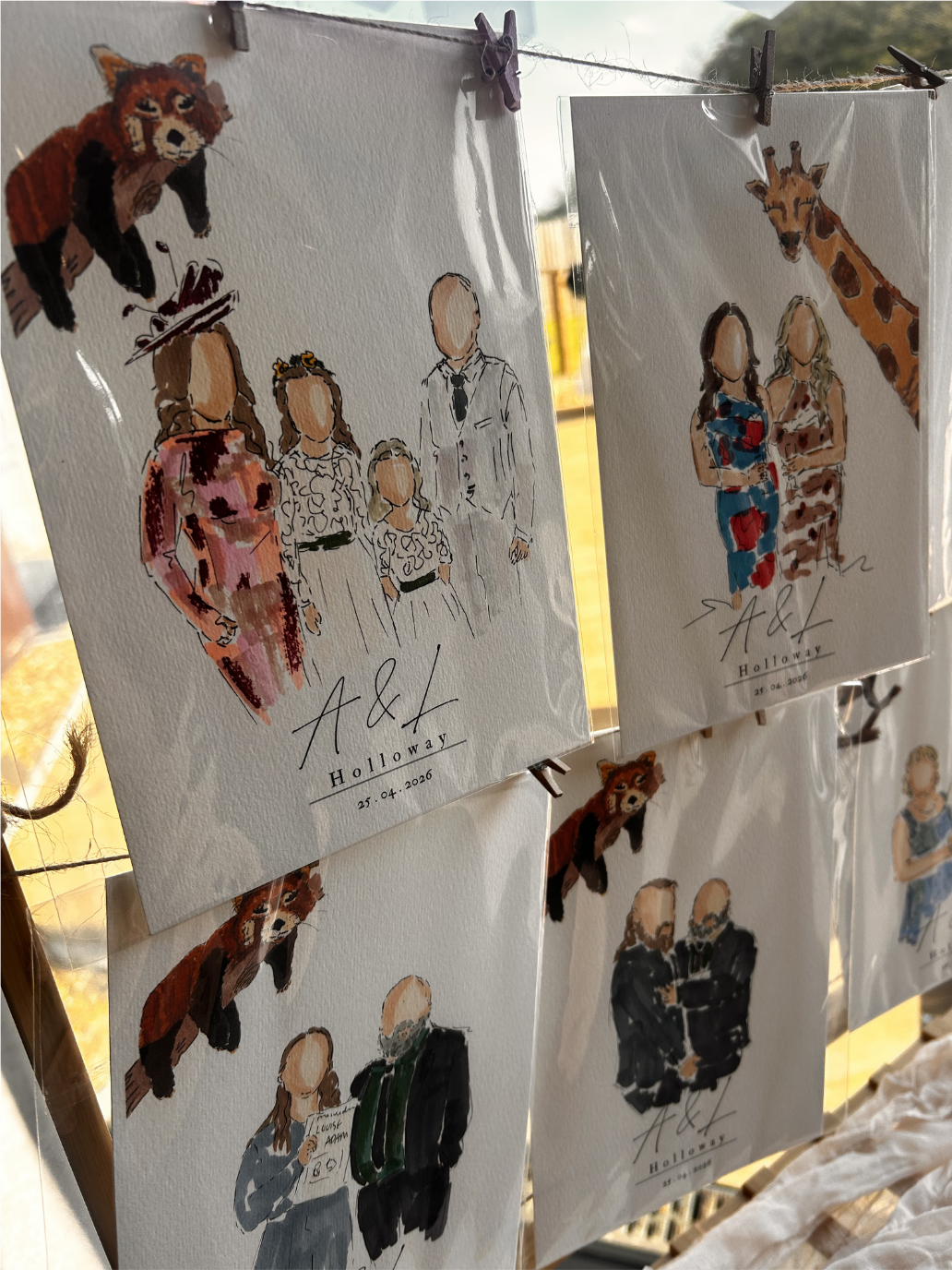 A row of hand-painted guest portraits hanging on a string display at a wedding reception