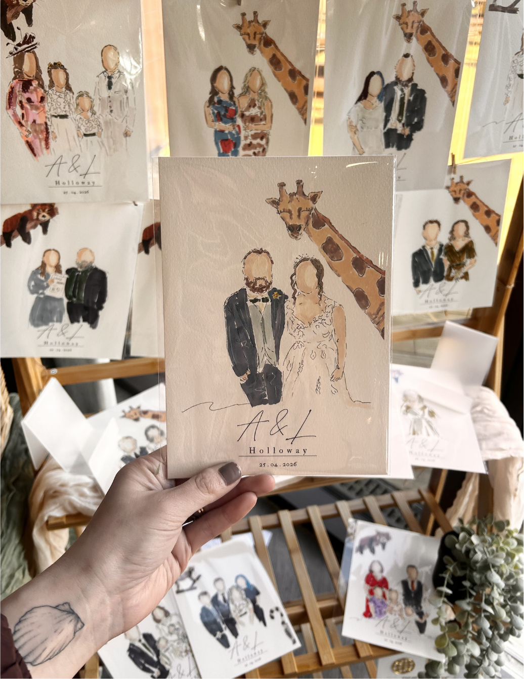Hand holding a completed guest portrait in front of a display wall at a wedding