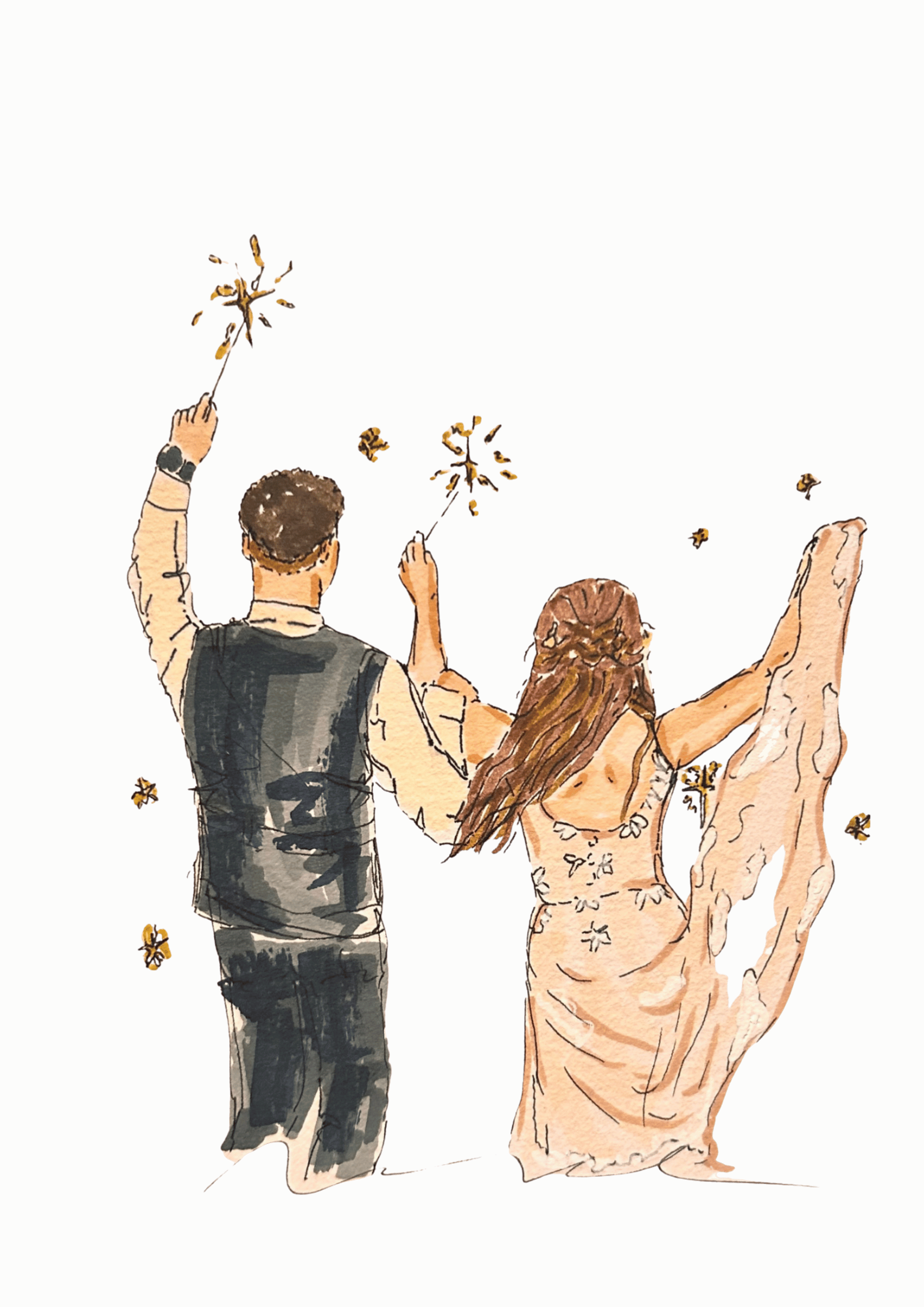 Hand-painted illustration of a bride and groom celebrating with sparklers