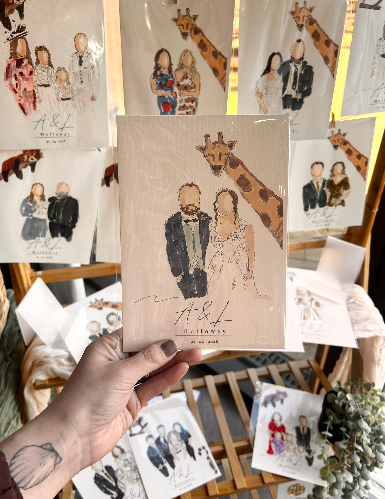 Hand-painted guest portrait being held up at a wedding, with many completed portraits displayed on an easel in the background